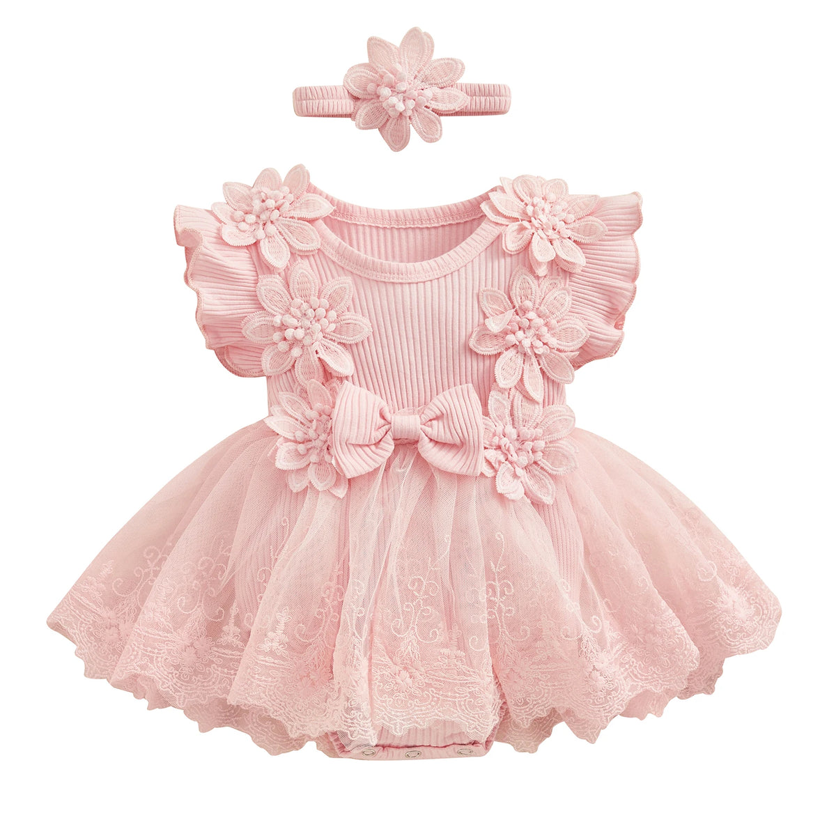 Baby Girls 3D Flower Mesh Lace Ruffle Romper Dress and Headband Set