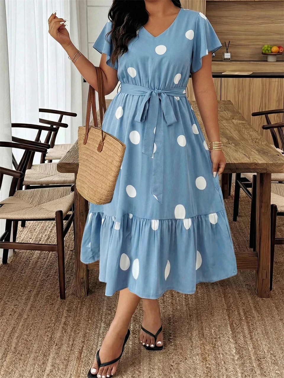 GIBSIE Plus Size Polka Dot V-Neck Belted Ruffle Hem Dress Women Casual Vacation Flounce Sleeve Big Swing Summer Long Dresses