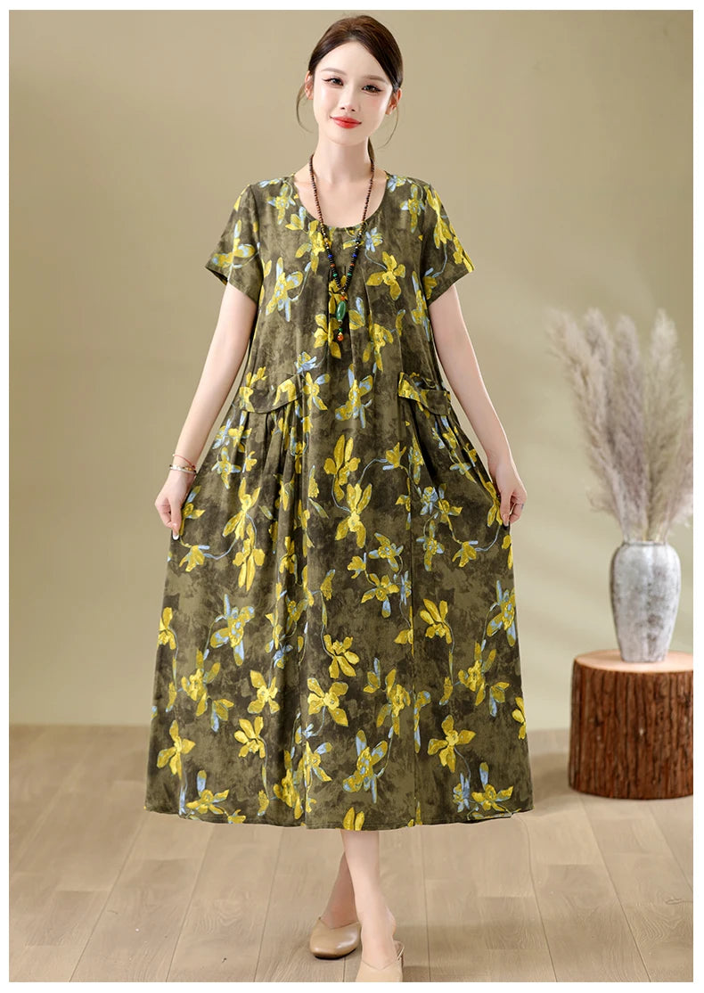 New Fashion Casual Summer Dresses For Women 2026 Loose Plus Size Clothes Elegant printting O-neck Short Sleeve Woman Clothing