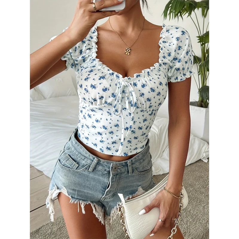 Bohemia Summer Y2k Women's T-shirt Puff sleeve French shirt female Sexy slim Short sleeve woman T-shirt V-neck floral short top
