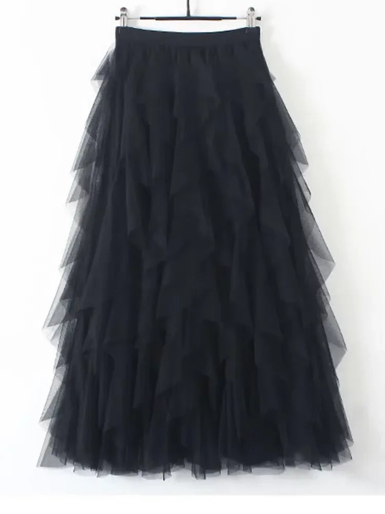 Womens Elastic High Waist Tulle Mesh Irregular Tutu Skirt Gauze Skirt Spring and Summer New Pleated A-Line Skirt in the Long Hi