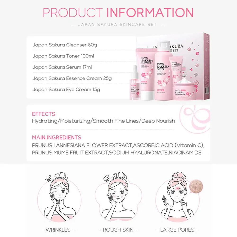 LAIKOU Sakura Skin Care Set - Facial Cleanser, Toner, Serum, Cream