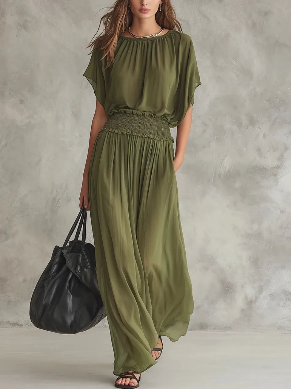 Elegant High-Waisted Loose Dress for Women Summer Fashionable Casual O-Neck Batwing Short Sleeve Waist-Cinching Elegant Women's