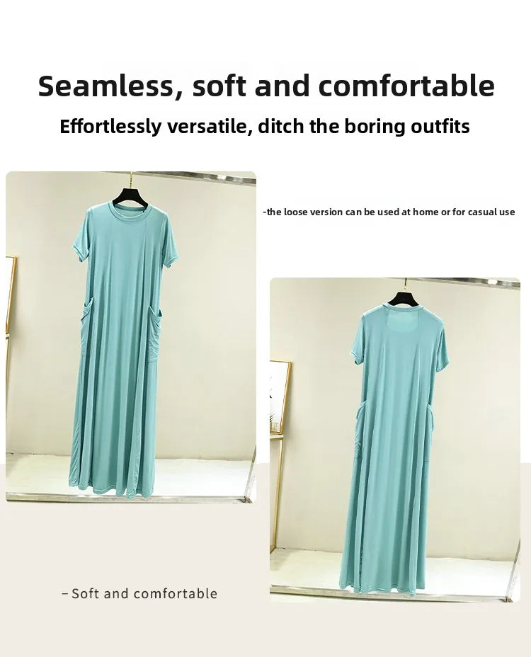 Casual Modal Sleep Dress Women Summer Large Size round Neck over Knee Long Dress Loose Slimming Short Sleeve Dress