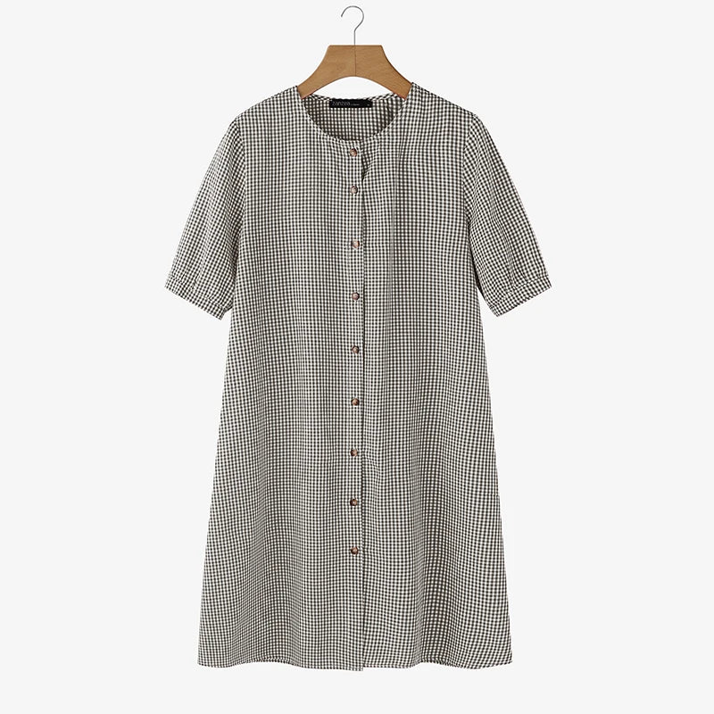 2026 ZANZEA Women Summer Sundress Elegant Short Sleeve Plaid Checked Dress Casual O Neck Work Dresses Baggy Holiday Vestido Robe