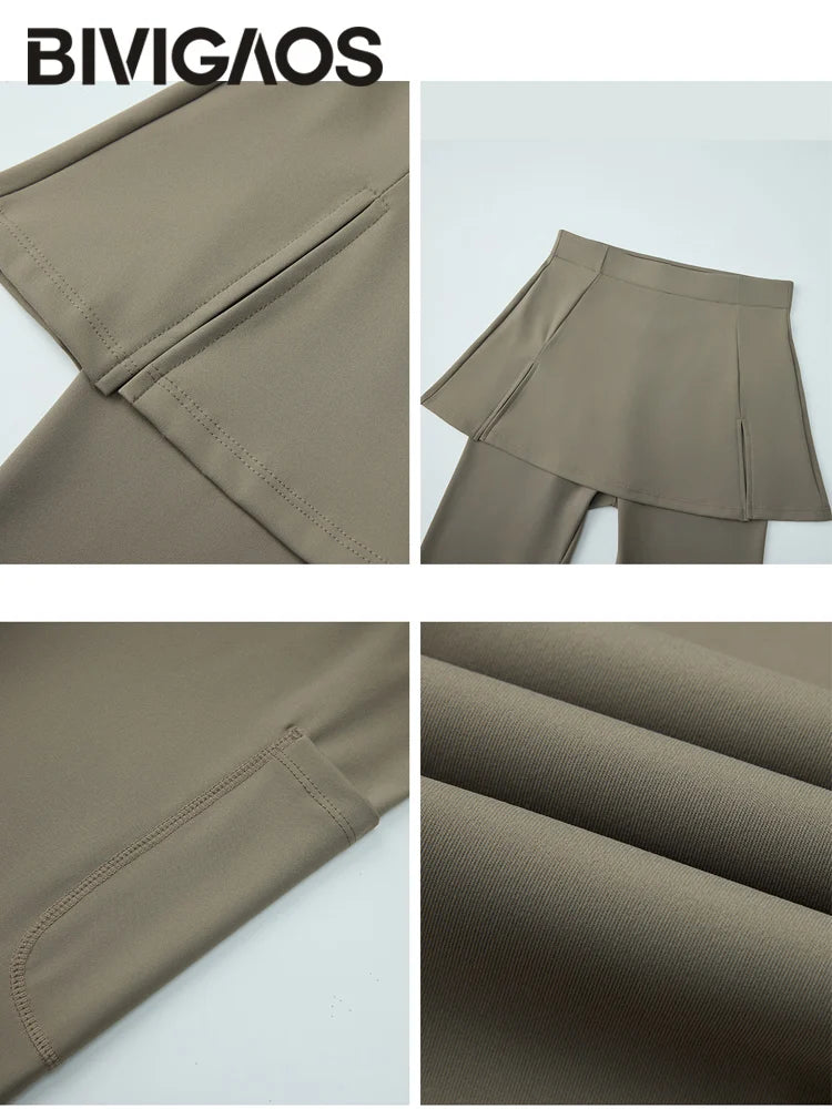 BIVIGAOS Fake Two-Piece Split Skirts Leggings Women Tennis Skirt Built-In Pockets Tight Sports Fitness Yoga Sharkskin Leggings