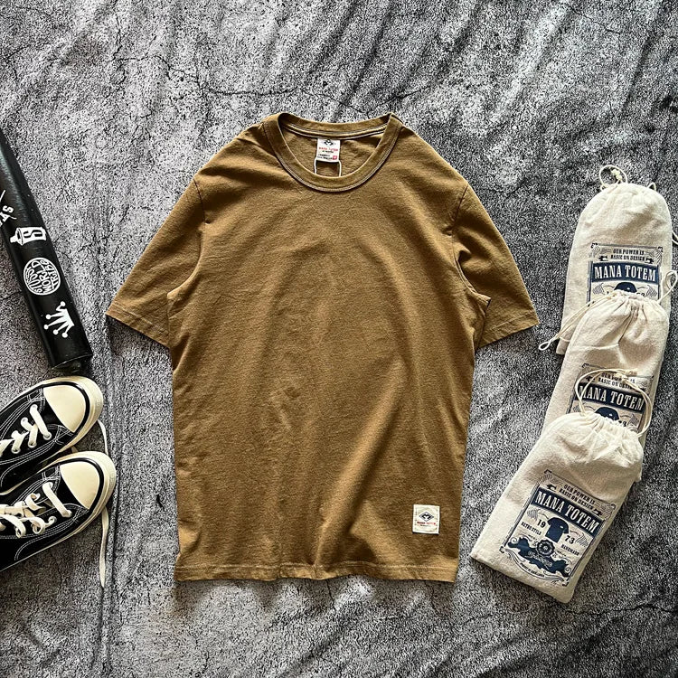 Tough Guy American Vintage Solid Color Round Neck Versatile Basic Commuter 100% Cotton Short Sleeve T-Shirt Men Tees Tops