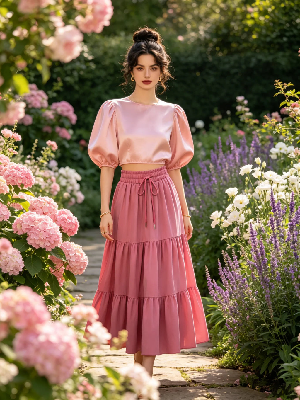 High-Waisted Drawstring A-Line Midi Skirt