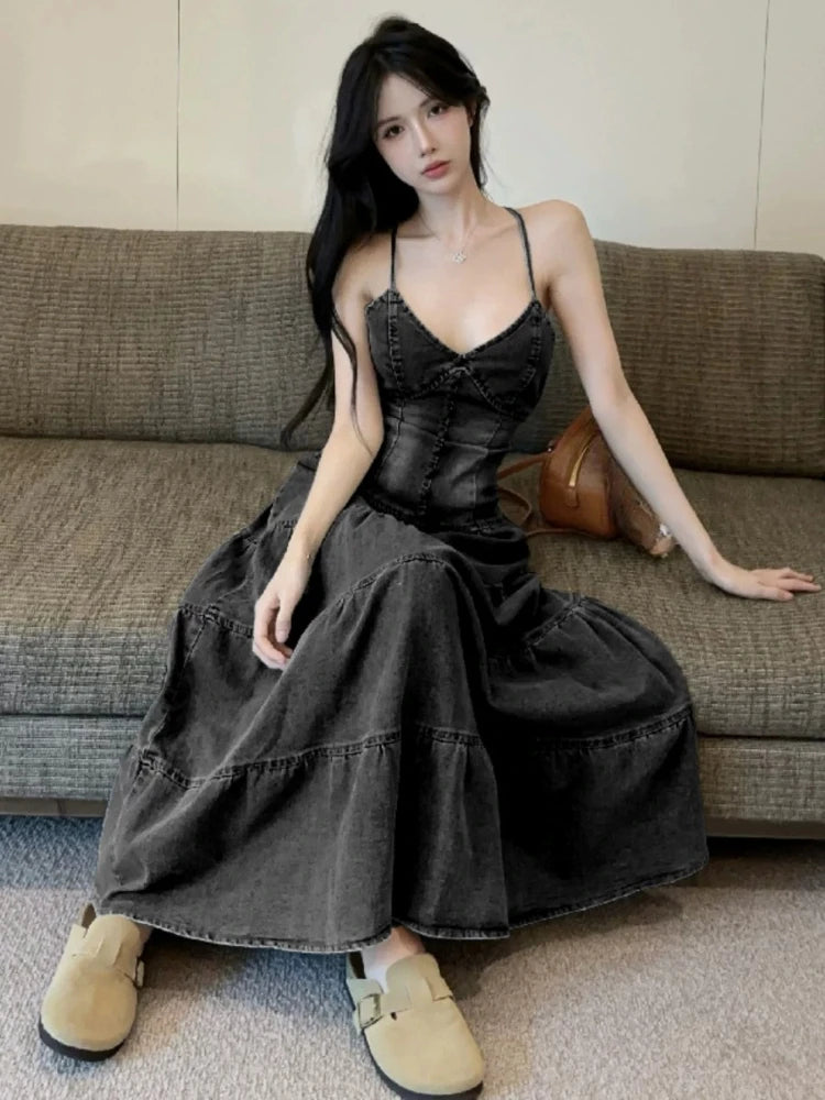 Y2k Women Dresses Spring Summer Ruffles Sleeveless Vintage Vestidos Mujer Korean Fashion Sexy V Neck A-line Long Dress