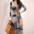 Vintage Print V-neck Lace-Up Maxi Dress | Korean Slim Long Sleeve.