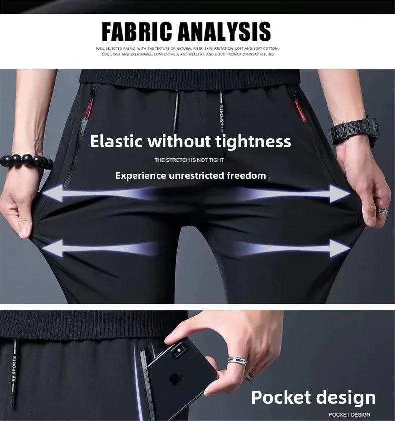 Ice Silk Thin Zipper Pocket Casual Pants Men's Summer Cool Feeling Quick Dry Breathable Straight Leg Long Pants Workwear