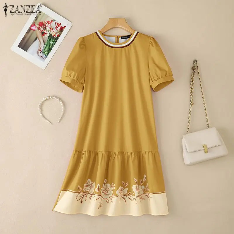 ZANZEA Stylish Floral Printed Dress Summer Women Short Sleeve Ruffled Hem Sundress Casual O-Neck Holiday Beach Knee Length Robe