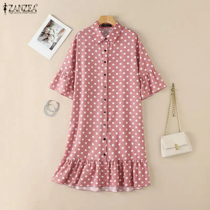 ZANZEA Summer Elegant Lapel Neck Short Sleeve Sundress Polka Dots Printed Women Dress Stylish Casual Holiday Beach Midi Dresses