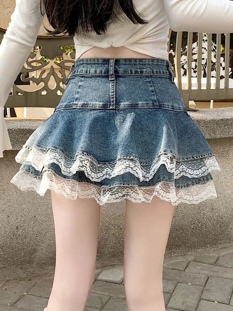 Summer Denim Skirt Women Fashion Streetwear Ruffles Kawaii Lace Skirts Shorts Preppy Mini Y2K School Pleated Jeans Skirt 2026