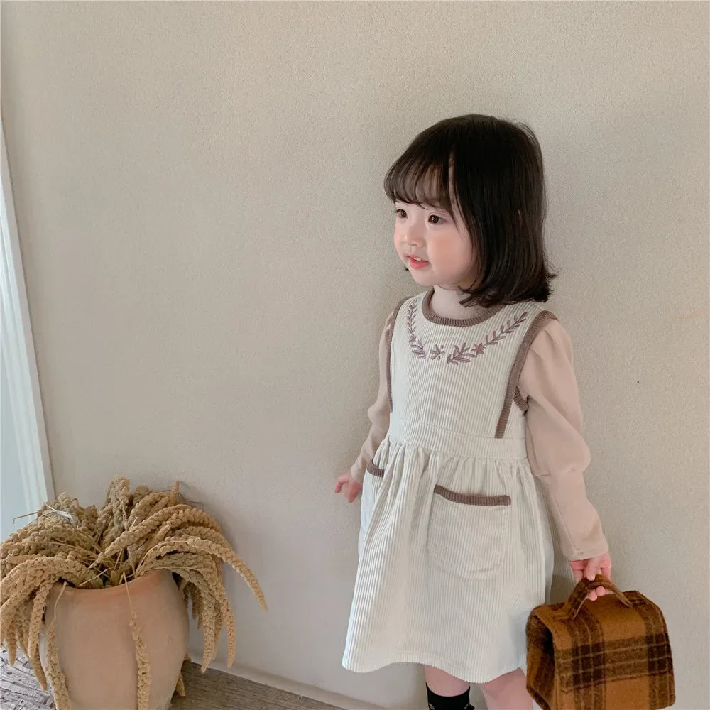 2025 Vinatge Baby Corduroy Sleeveless Dress Little Girls Sundress and Long Sleeve Tops Autumn Winter  Two Piece Set Children