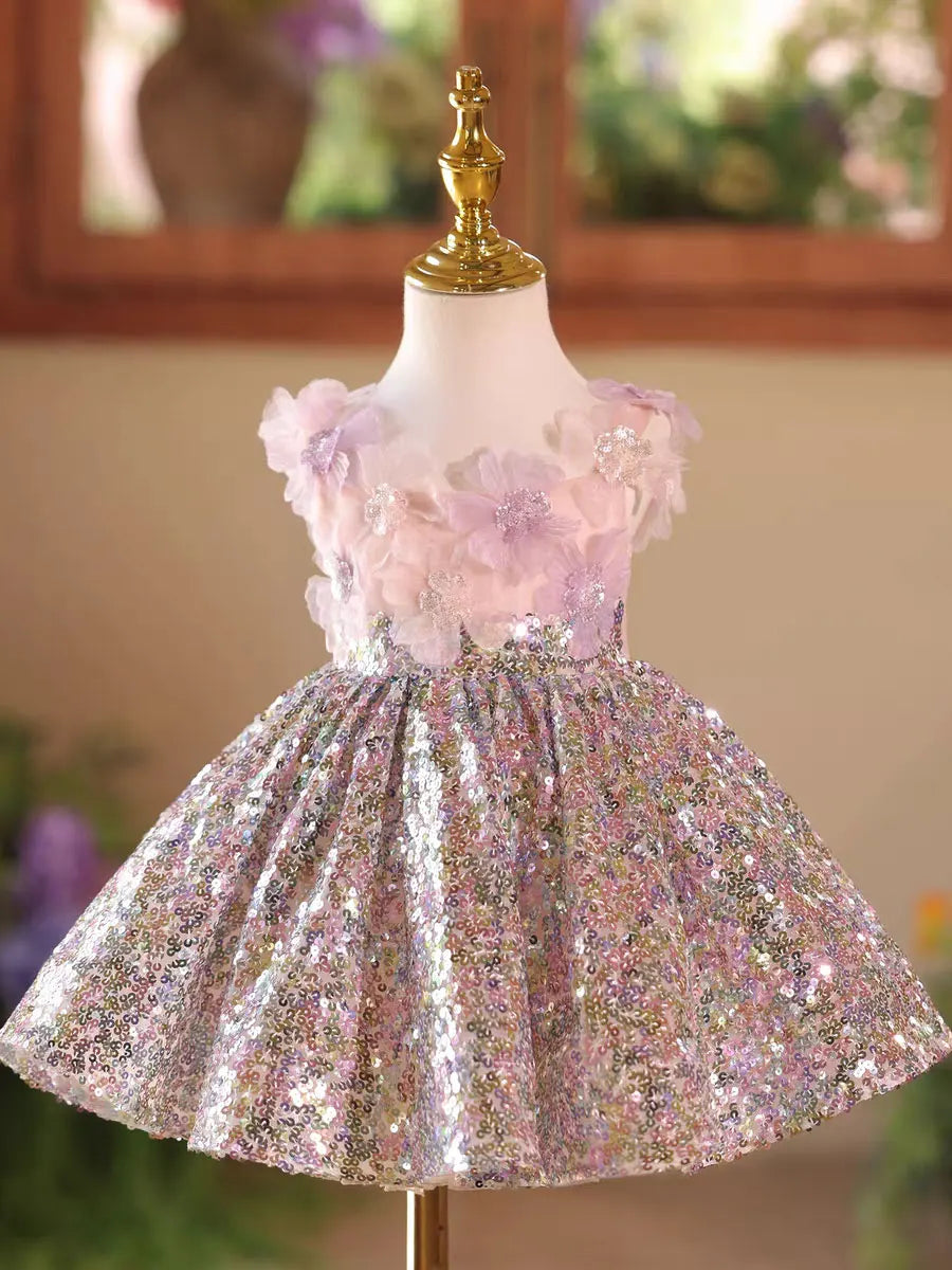 Dreamy Vow D154 Pink Flower Girl Dress Sequined Knee Length Kids Princess Wedding Birthday Holiday Party Pageant Festival Gown