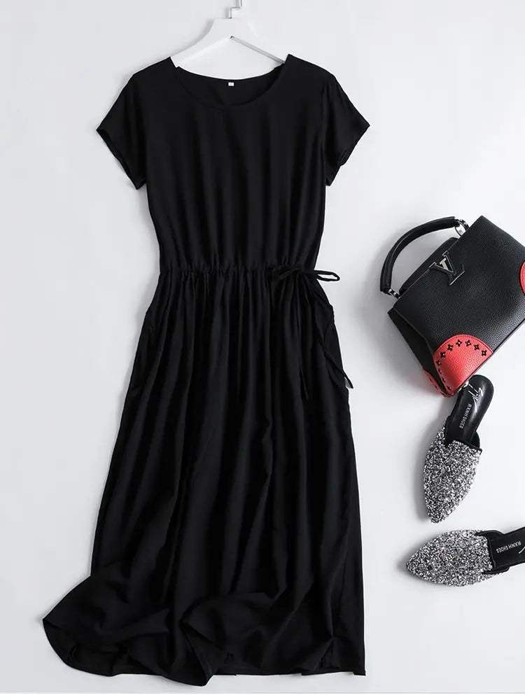 Cotton Silk Dress Women's Short Sleeved 2026 Summer New Ladies Slim Round Neck Temperament Beach Print Dresses