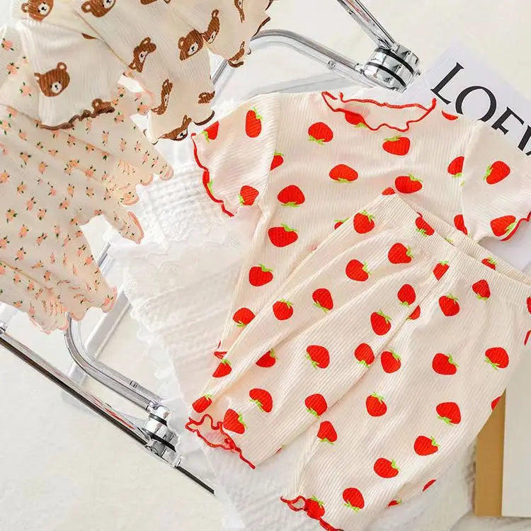 Summer Fashion New Short Sleeve Round Neck Flower Printed T-shirt Top+Pants 2 Piece Set Kids Casual Home Clothes