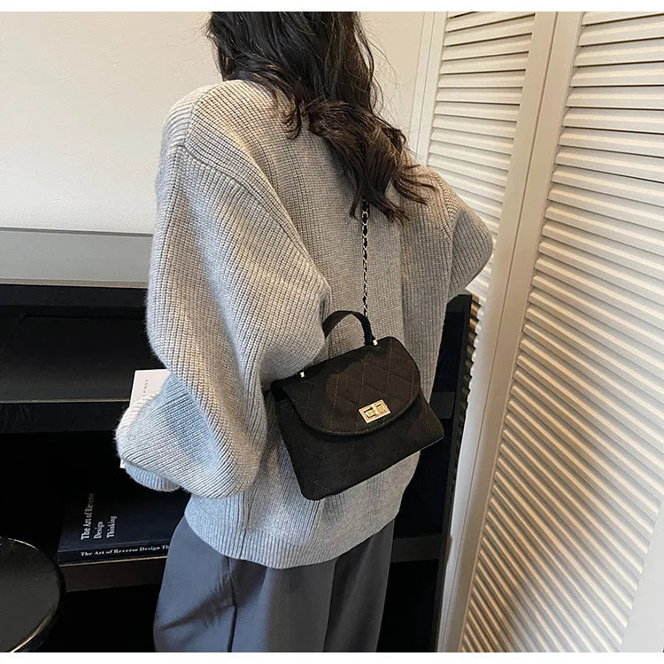 Diamond Grid Chain Crossbody Bag One Shoulder Purse Trendy Flip Top Clutch Women's Fashion Suede Leather Casual Shoulder Bag