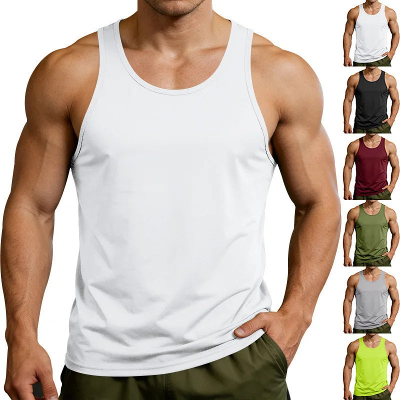 Men's Gym Sports Tank Top Muscle Aesthetic Dry Fast Workwear Polyester Fiber Summer Sport Fit Style Solid Color round Neck