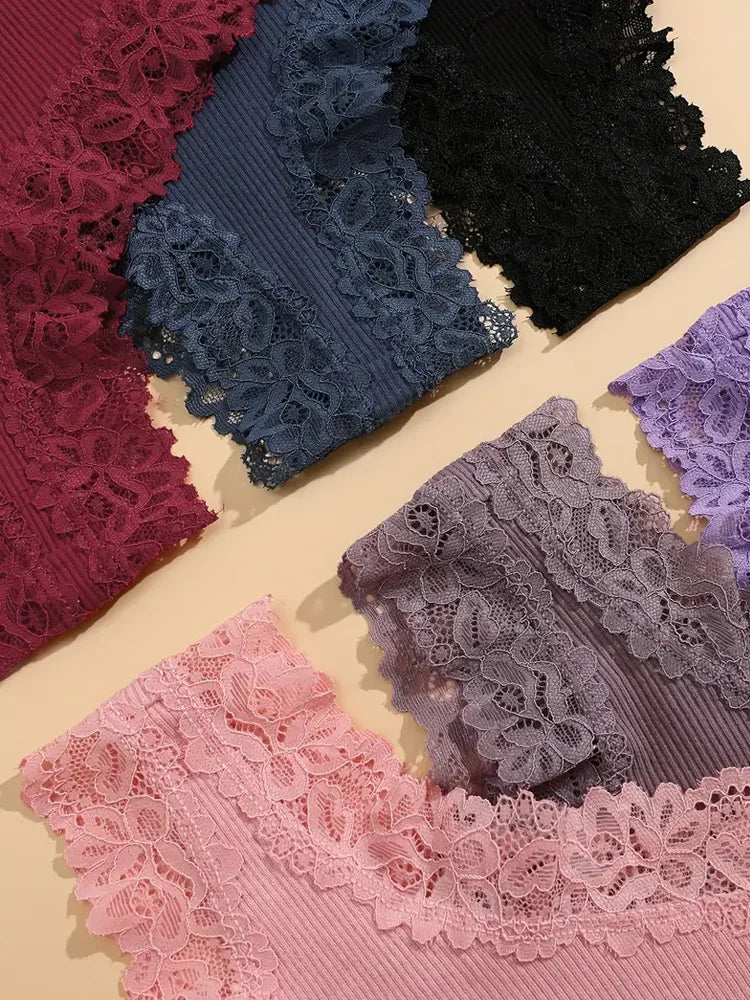 5Pcs/Set Women'S Cotton Panties Floral Lace Intimate Underwear Trendy Patchwork Lace Briefs Female Soft Underpants Lingerie S-Xl