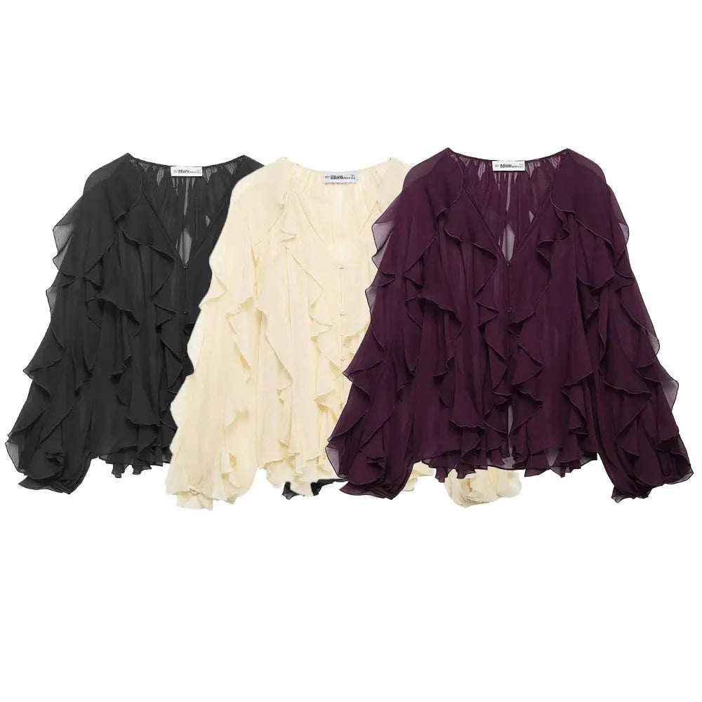 Women Fashion Solid Ruffled Blouse Vintage V-Neck Long Sleeves Female Chic Lady Shirts