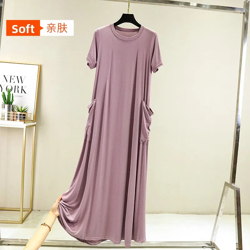 Casual Modal Sleep Dress Women Summer Large Size round Neck over Knee Long Dress Loose Slimming Short Sleeve Dress