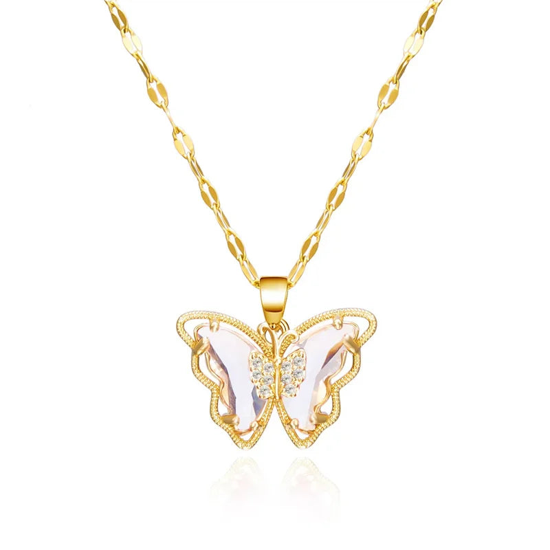 (Titanium Steel) Gorgeous and Stylish Hollow Titanium Steel Butterfly Necklace with Crystal Drop Decoration for Women