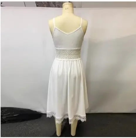 Western Bohemia Women's Dress White Lace Hollow Out High Waist Sleeveless Vacation Midi Dress Chic Ruched Irregular Hem Dresses