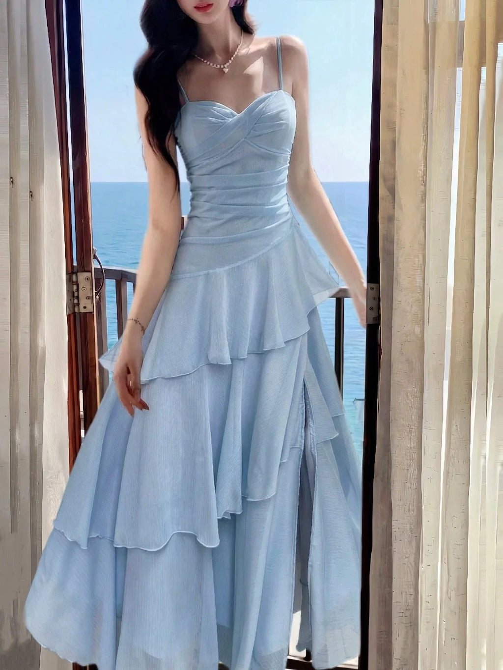 Women Summer Elegant Ruffles Spaghetti Strap Long Dresses Fashion Chic Slim Fit Birthday Cocktail Party Dress Female New Robe