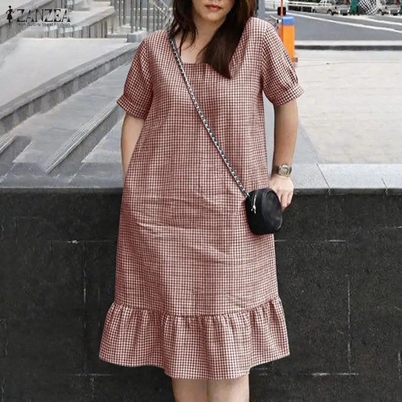 Summer Women's Gingham Knee-Length Dress Suqare Neck Short Puff Sleeve A-Line Ruffled Hem Dresses ZANZEA Daily Casual Robe Femme