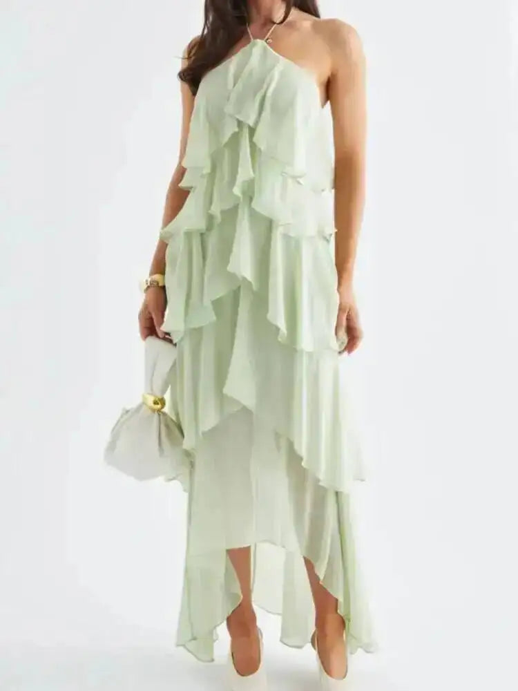 SHENGPALAE Women Maxi Dress Halter Cold Shoulder Chiffon Floral Elegant Party Ruffled Layered Irregular Summer 2026 New 05E02862