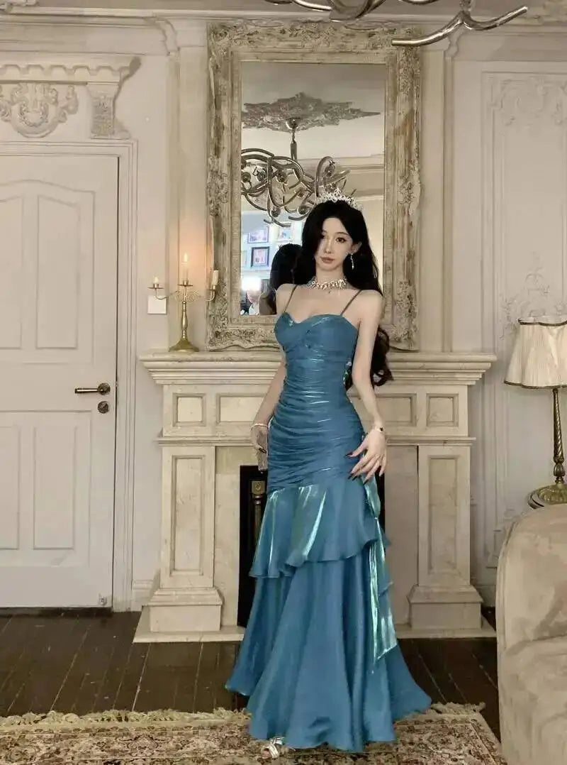LGRQ 2026 Summer Blue Niche Strap Dress Fishtail Elegant Long Dresses Solid Color Female Elegant Party Gown 19DA2013