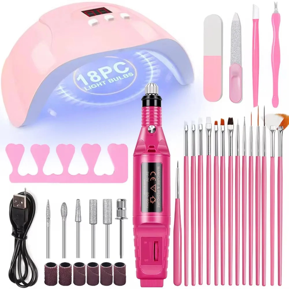 LINMANDA Kit profesional de taladro eléctrico USB para uñas con lima y pulidor, lámpara de uñas UV LED, secador de manicura en gel, kit de inicio de acrílico