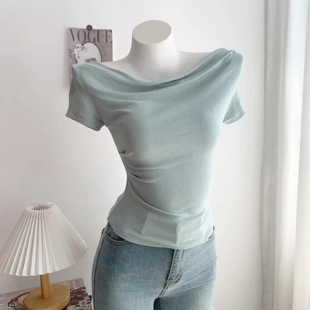 Summer Short Sleeve T-Shirt Shoulder Bared Open Neck Irregular Pleated Korean Style Slim Fit Pure Color Modal Fabric Ladies Top
