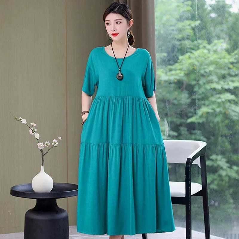 Women's Oversized A-Line Midi Dress – Loose Fit Short Sleeve Summer Sundress