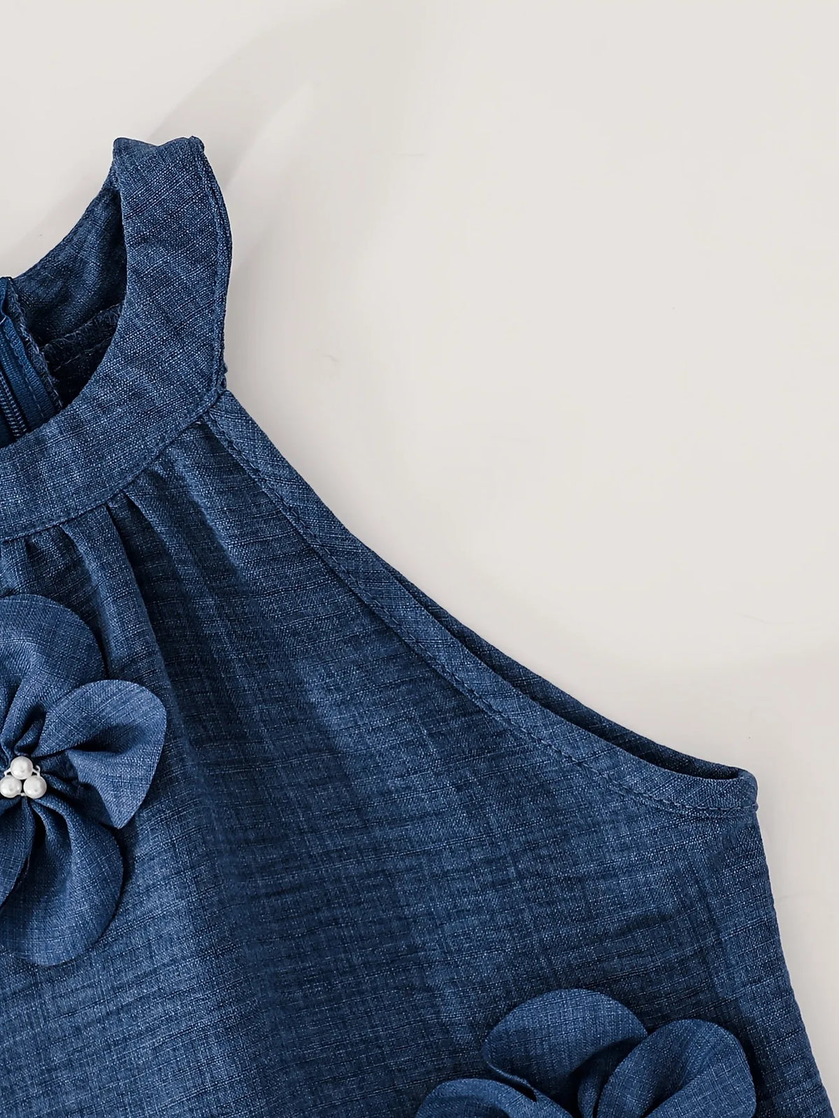 Girls Halter Neck Denim Dress 3D Pearl Flower Decor Sleeveless A‑Line Midi Dresses 4‑12Y Kids Party Dress For Wedding Birthday H