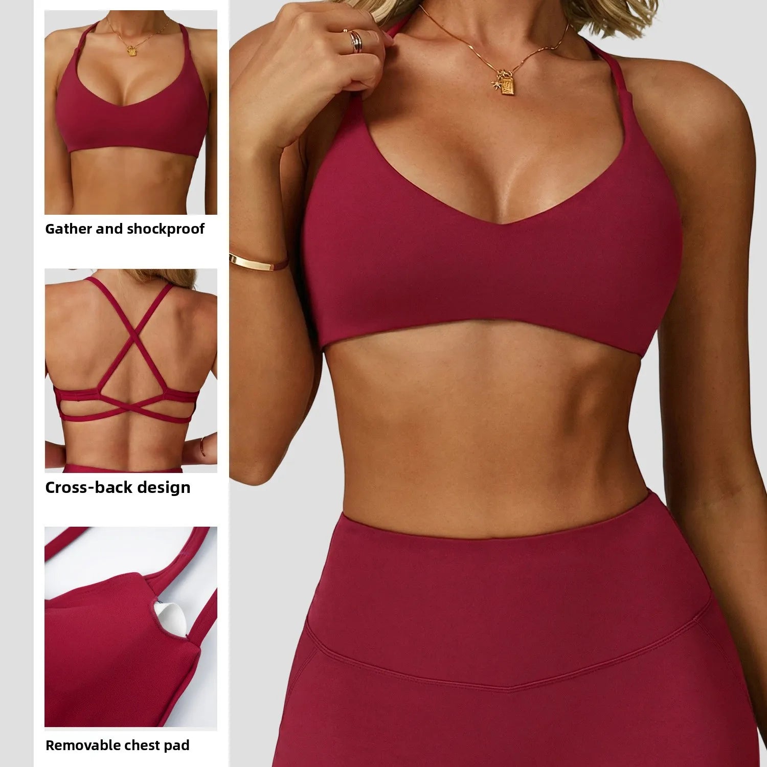 Solid Color Comprehensive Training Yoga Bra Women Fitness Bra Cross Back Sport Underwear Gym Top Hollow Back Push Up Chest Pad