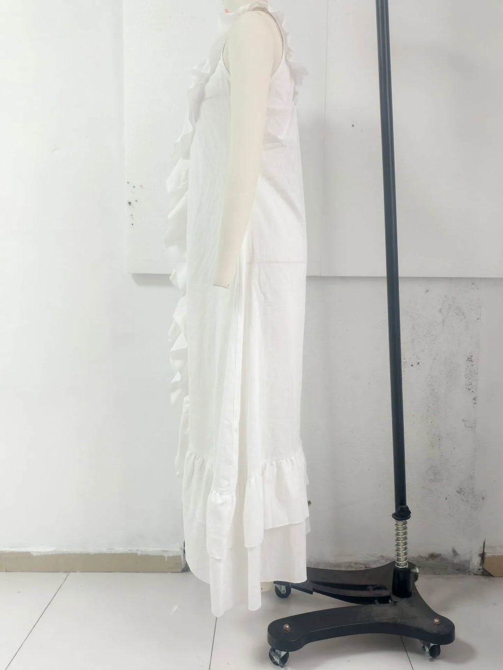 Summer Woman Dress Sleeveless Ruffle Neck Dresses Women's Pleated Maxi Dress V Neck Asymmetrical Hem Boho Dress Layered Ruffles