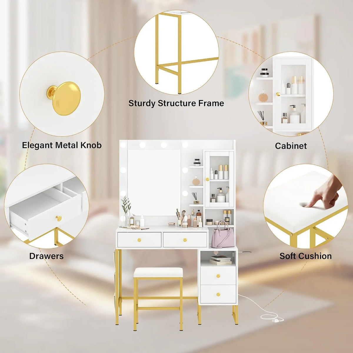 Women White Vanity Table with Drawer Dresser LED Mirror