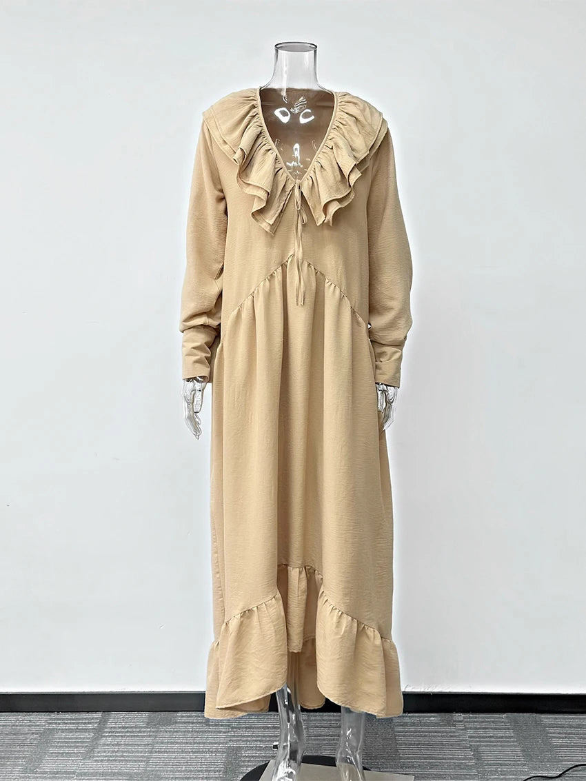 Parc Fee Fashion Loose Khaki Women's Dress Sexy V-Neck Long Sleeve Ankle Length Dresses Elegant Classic Ruffles Female Dress