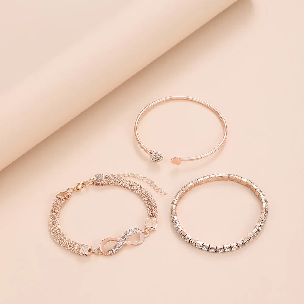 New Creative Design 3 Pcs Set Heart Opening Bracelet Lucky 8 Inlay Zircon Bracelet Set for Women Fashion Charm Jewelry Set Gifts