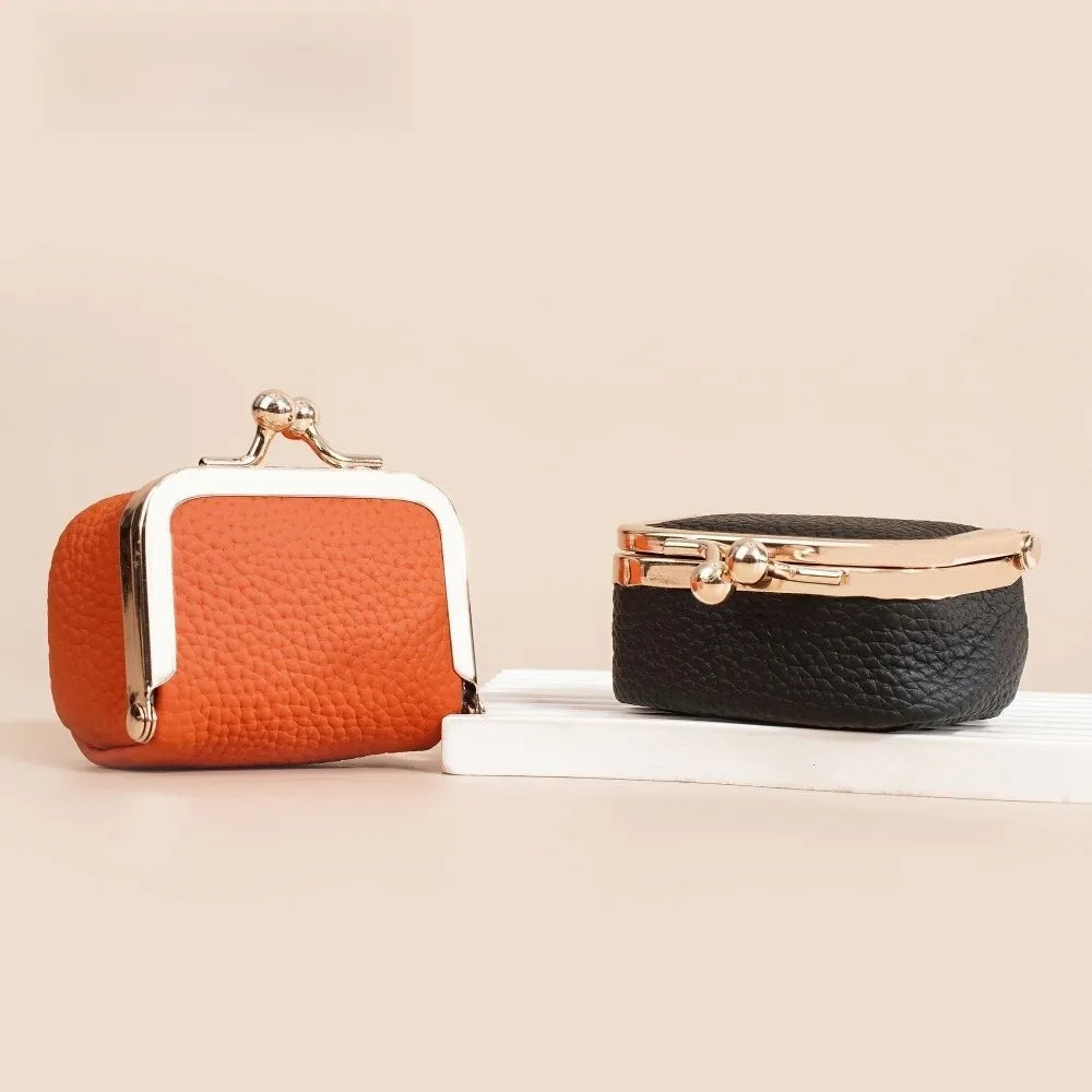 Wallet Genuine Leather Kiss Lock Coin Purse Solid Color Square Leather Jewelry Bag Multifunctional Mini Small Item Bag Earrings