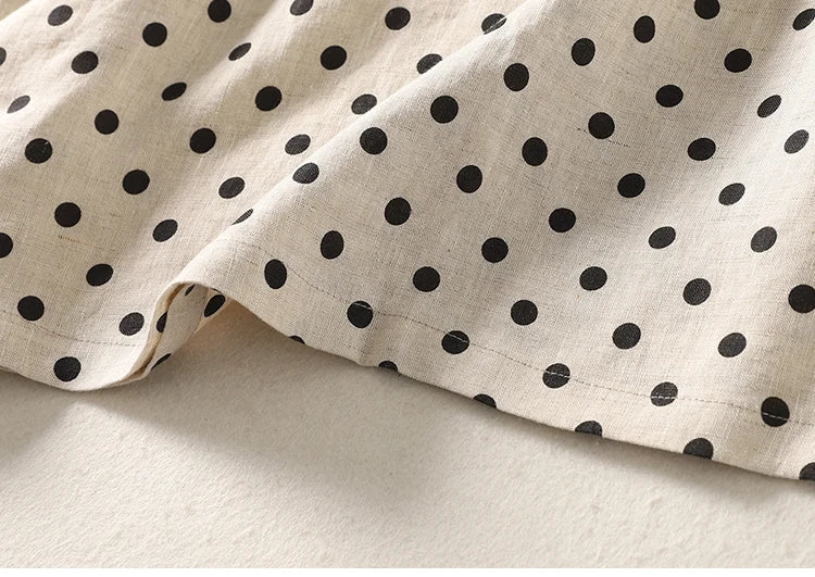 Summer Vintage Polka Dot Cotton Lin Short Sleeve Women's Dress Loose Slimming Gown Side Buttoned Midi Skirt A-Line Dress