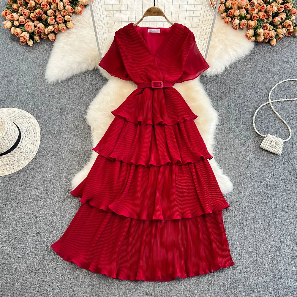 Vintage V-Neck Tiered Maxi Dress - Short Sleeve Loose A-Line