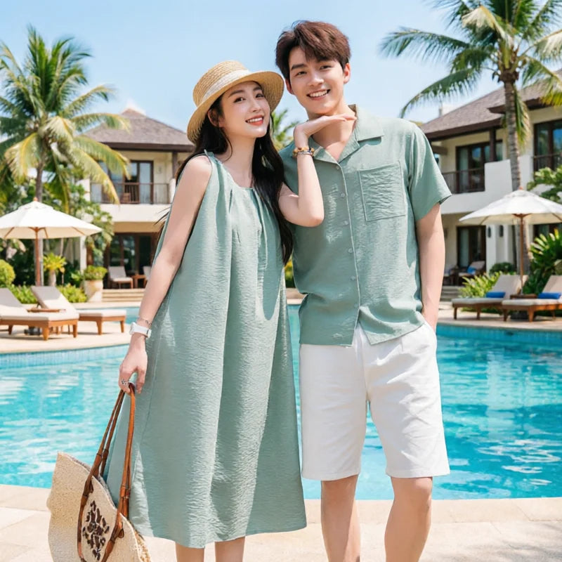 Vacation Family Matching Couple Outfit Dad Son Beach Shirts Mom Daughter Loose Dress Korean Parent-child Sister Brother Clothes
