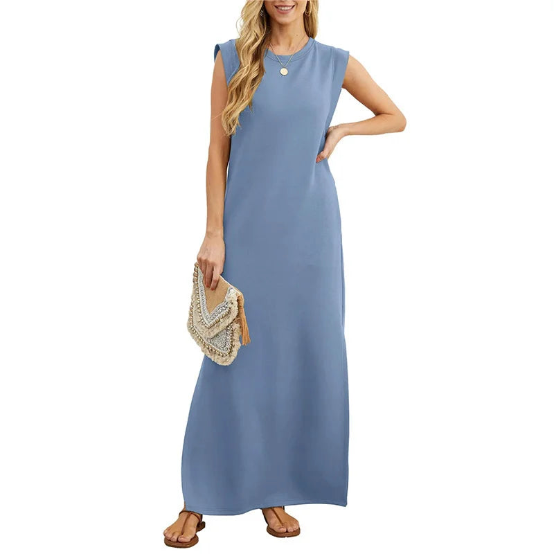 Casual Maxi Dress For Women Summer Loose Sleeveless Long Dresses Elegant Lady O Neck Solid Color Boho Beach Sundress Vestidos