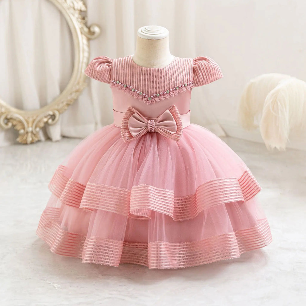 HETISO Striped Wedding Party Dress for Girls Baby Christmas Holiday Layered Gown Toddler Kids Beaded Clothing 6M-4 Years