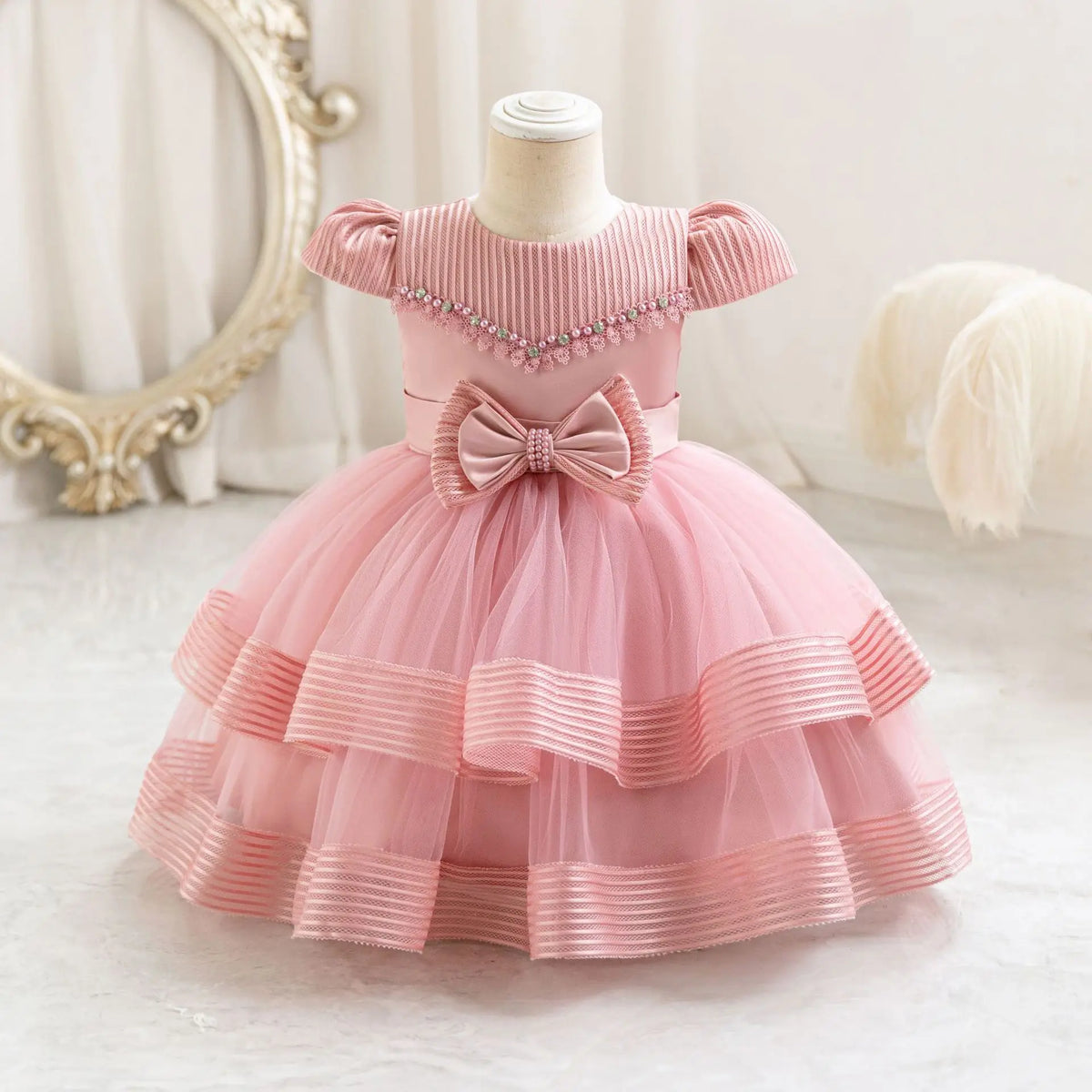 HETISO Striped Wedding Party Dress for Girls Baby Christmas Holiday Layered Gown Toddler Kids Beaded Clothing 6M-4 Years
