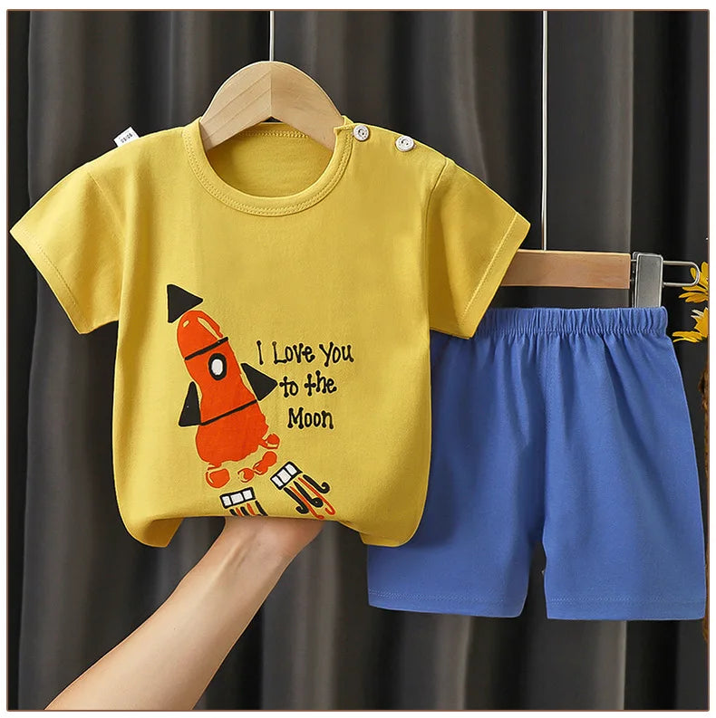 Unisex Children's Cotton Summer Outfit Set - Cartoon Animal Print